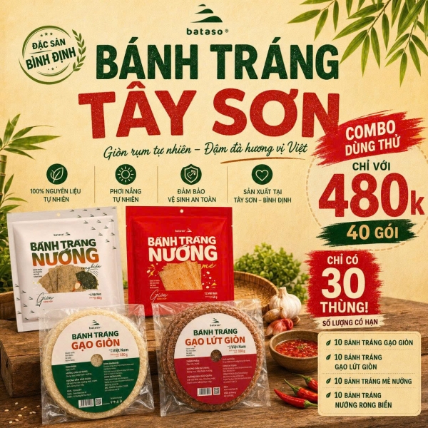 Combo Dùng Thử - 2 gói Bánh tráng nướng + 2 bánh gạo giòn